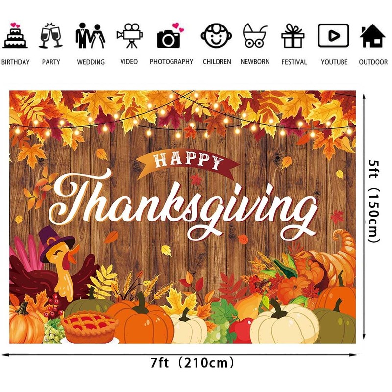Happy Thanksgiving Banner Backdrop 7x5FT Autumn Maple Leaf Pumpkin Turkey