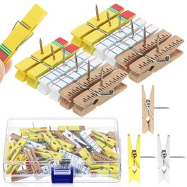 Cinnvoice 48 Pcs Pencil Ruler Colorful Push Pin with Wooden Clips Teacher Cork Board Artworks Decorative Pushpins Tacks for Classroom Photo Clips for Teacher Office Homes Supplies