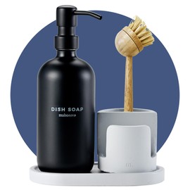 MaisoNovo Cement Sink Sponge Holder - Kitchen Sponge Holder for Sink, Concrete Sponge and Brush Holder, Soap Dispenser, Grey Concrete Holder with Oval Tray and Black Bottle Black Pump