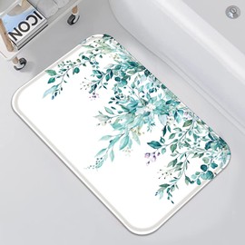 Zussun Teal Eucalyptus Small Bathroom Rugs Mat Watercolor Plant Leaves with Floral Bath Rug 24 x 16 in Water Absorbent Non Slip Washable Shower Mat Memory Foam Bath Mats for Bathroom Decor