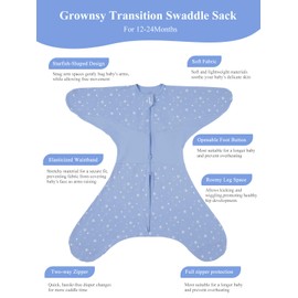 GROWNSY Transitional Baby Swaddle Sleep Sack, 100% Cotton Swaddle Sack, 12-24 Months Dual-Zipper Swaddle for Easy Diaper Changes and Proper Hip Development, Leg-Split and Starfish Design, Blue