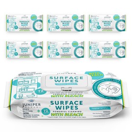 Juniper CLEAN 6 Pack Surface Cleaning Wipes with Bleach, All-Purpose Cleaner for Bathroom, Kitchen, Office, 72 Count Soft Flow, Fresh Scent, Lint Free & Durable