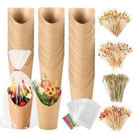 Teemumu 100pcs 12oz Charcuterie Cups, 400pcs Cocktail Skewers + 100pcs Bags, Individual Charcuterie Cups with Sticks, Disposable Charcuterie Cup, Brown Paper Snack Cup for French Fry, Appetizer