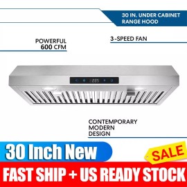 SNDOAS 30 inch Under Cabinet Range Hood 3-Speed Touch Control 600CFM Vent LEDs