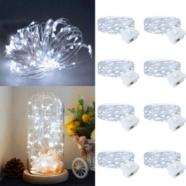 Yooumoga Fairy Lights,Silver Wire String Lights Waterproof,Battery Operated 7FT 20LED Firefly Starry Moon Lights for DIY Christmas Wedding Party Bedroom Decor (White, 8 Pack)