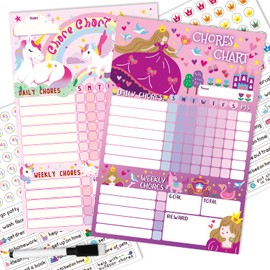 2 Packs Unicorn and Princess Magnetic Chores Chart for Kids Multiple Kid- with 52 Static Tasks, 126 Rewards Stickers, One Week Dry Erase Chore Chart for School or Housework, Reward Chart for Kids