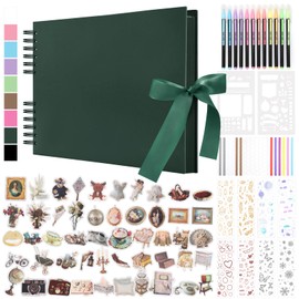 DazSpirit 80 Blank Pages Photo Album for DIY, Scrapbook Photo Book for Gluing, with 12 Markers & 7 Stickers, Guest Book Ideal for Birthday, Family, Weddings, Travel, Dark Green
