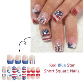 Short Square American Flag Fake Nails Patriotic Independence Day Press on Nails Glossy 4th of July False Nail with Glitter French Tip Glue on Nail for Women