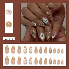 Medium Almond Press on Nails Gold French Tip Fake Nails White Flower Press ons Luxury Stiletto Glue on Nails 3D Gilded Lines Pearls Design Acrylic Glossy False Nails for Women Girls 24Pcs