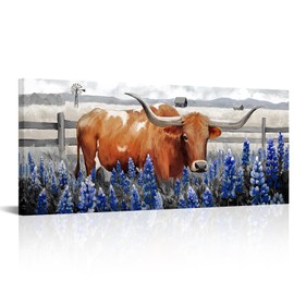 Conipit Longhorn Cattle Wall Art Bluebonnet Pictures Western Canvas Art, Framed 20x48 Inches