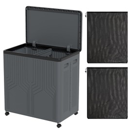 120 L Large 2 Section Laundry Hamper with Lid and Wheels, Gray