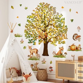 Mirabuy Woodland Forest Wall Decals, Large Autumn Tree with Woodland Animals Creactures Wall Stickers for Living Room Bedroom Fall Home Wall Decor, 74.8x55.1 inches, 6 Sheet Set