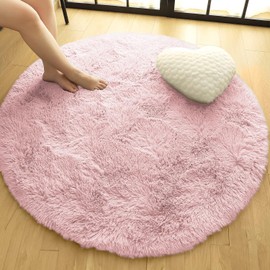Oxford Homeware Round Rugs Living Room 120x120 cm – Fluffy Shaggy Pink Area Rugs for Bedroom, Lounge – Modern Super Soft Non Slip Rug Washable Floor Carpets Bedside Rug for Kid Room