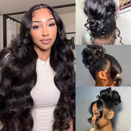 PRUWIGS 360 Lace Front Wigs Human Hair Body Wave 200% Density Upgraded Hidden Straps 360 HD Full Lace Wigs Human Hair With Drawstring Pre Plucked With Baby Hair for Women Natural Black(22inch)