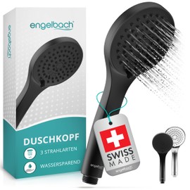 Engelbach® Water-Saving Shower Head – Made in Switzerland | 3 Jet Types: Gentle Rain, Massage & Intensive | Universal Hand Shower (9L/Min), Shower Head Black