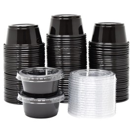 [100 Sets - 2 oz.] Black Jello Shot Cups with Lids | Small Plastic Containers with Lids | Sauce Cups, Condiment Cups, Disposable Portion Cups | Salad Dressing Container To Go