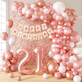 123pcs 21st Birthday Decorations, 21st Birthday Decorations for Her with 21st Birthday Banner Rose Gold Pearl White Confetti Birthday Balloons for Happy 21st Birthday Decorations