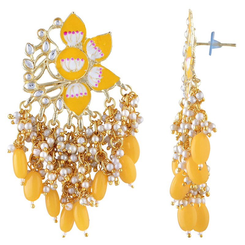 Aheli Gold Plated Meena Work Pearl Kundan Studded Dangle Drop