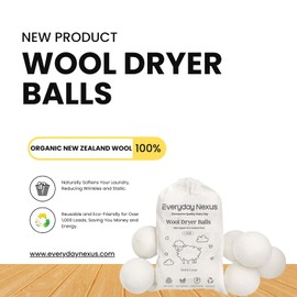 Everyday Nexus Wool Dryer Balls – Set of 6, 100% Organic New Zealand Wool, Eco-Friendly Natural Fabric Softener, Reduces Drying Time, Reusable Dryer Sheet Alternative with Cotton Bag