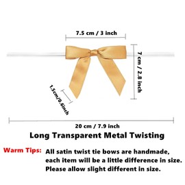 GUIFIER 100 PCS 3 Inches Satin Bow Twist Ties, Ribbon Twist Tie Bows for Treat Bags, Gold Pretied Bows, Twist Bows, Tied Bows with Wire for Bags, Pre Tied Ribbon Bows for Baby Shower Favors Popcorn