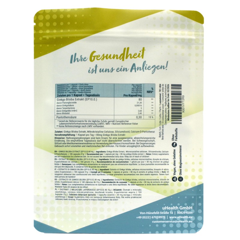 Ginkgo Biloba Extract (EP10.0) 80 mg 180 Capsules 63 g