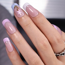 Frinail Press on Fake Nails French Color Tips, Cute Reusable Press on Fake Nails Kit 24PCS Pink French Tip Medium Square Press On Nails 10 Sizes, Acrylic Stick on Nails for Women Girls