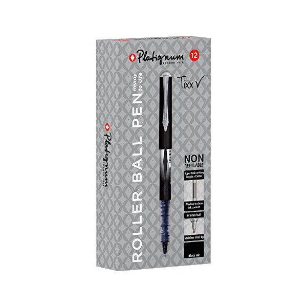 Platignum Tixx Black Gel Ink Roller Ball Pen [Pack of 12] 1500 m Writing Length [Ref: 50458]