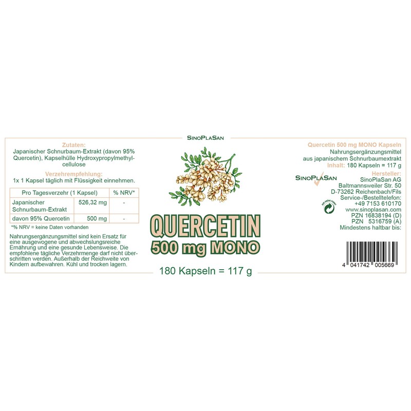 Quercetin 500 mg Mono Capsules without Additives - Made from