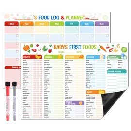 2 Pack Baby First Foods Checklist, 14x10"Baby Food Chart with 2 Dry Erase Markers, Magnetic Baby's First Food Tracker & Daily Food Log Meal Planner, 101 Foods Before 1 Checklist Magnet for Fridge