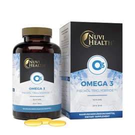 Nuvi Health® Omega 3 Fish Oil - 200 Capsules with 3 x Strength: 80% Omega 3 content and in triglyceride form - 1000 mg (50% EPA + 25% DHA) - laboratory tested - carefully cleaned - from sustainable fishing.
