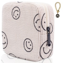 Teircno Sanitary Napkin Storage Bag,Preppy Corduroy Period Bag for Women, Cute Smiley Face,Portable Period Pouch with Zipper, Sanitary Pads Bag Tampons Holder for Purse, First Period