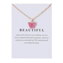 Nexoluxa Butterfly Necklaces for Women Pink Gifts Pendant Necklace Cute Colorful Butterfly Necklace Jewelry Age 12 Friendship Gifts with Wish Card W - Rose Pink