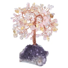 mookaitedecor Natural Rose Quartz & Rock Crystal & Citrine Crystal Tree with Amethyst Cluster Crystal Base Money Tree Figures Feng Shui Desk Decoration Meditation Table Room Decor
