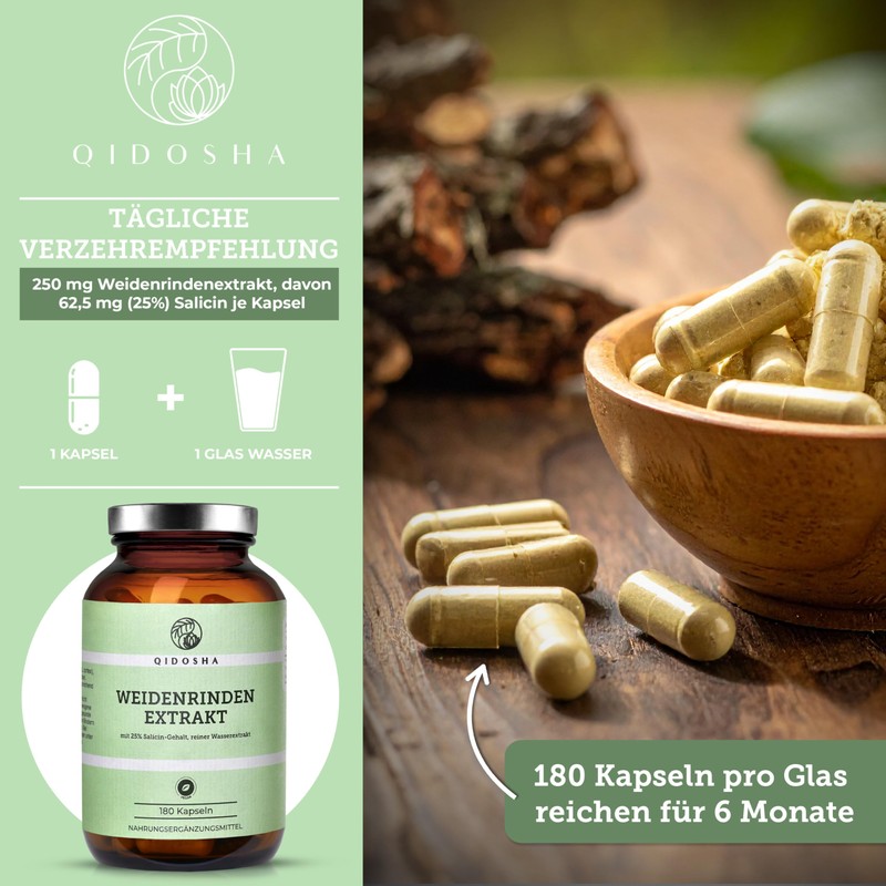 QIDOSHA Willow Bark Extract with 25% Salicin, 180 Capsules in