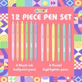 abeec Pen Set, x12 Pens - x6 Black Ink Ballpoint Pens & x6 Pastel Highlighters Pens, Perfect School Stationery Set, Teacher Pens & Pens for School