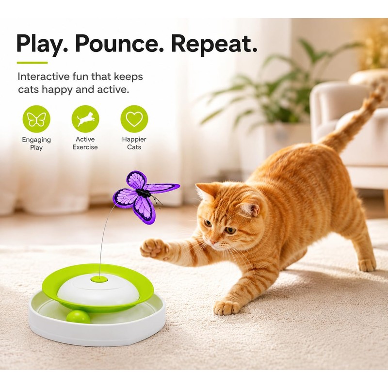 2-in-1 Auto Interactive Cat Toy, Fluttering Butterfly & Rolling Track