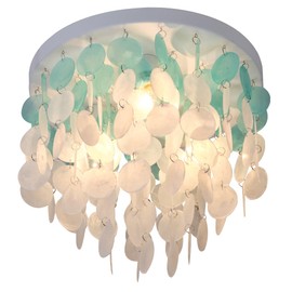 JC TOPA 13.8" Capiz Shell Ceiling Light Fixtures 3 Lights Boho Shells Flush Mount Light for Bedroom, Kitchen Island, Bathroom, Entryway, Hallway, White and Blue