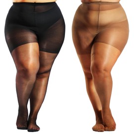 HONENNA 2 Pairs Plus Size Sheer Tights for Women, 17 Colors Ultra Thin Pantyhose Reinforced Toes High Waist Stockings, Black + Tan 2 Pairs 1XL-2XL