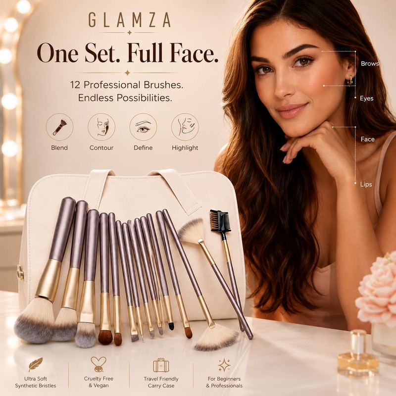 Glamza 12-Piece Champagne Brushes Set In Pouch1 Units