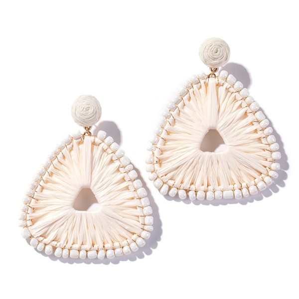 Statement Raffia Earrings for Women, Boho Geometric Triangle Earrings Beaded - Trendy Summer Beach Vacation Earrings (White)
