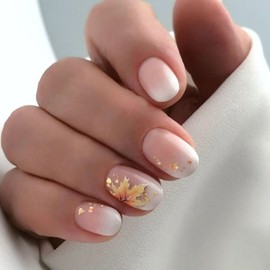 Fall Press on Nails Short, Maple Leaves Fake Nails Cute False Nails Pink White Acrylic Nails with Foil Design Autumn Leaves Artificial Nails Full Cover Stick on Nails Glossy Glue on Nails for Women