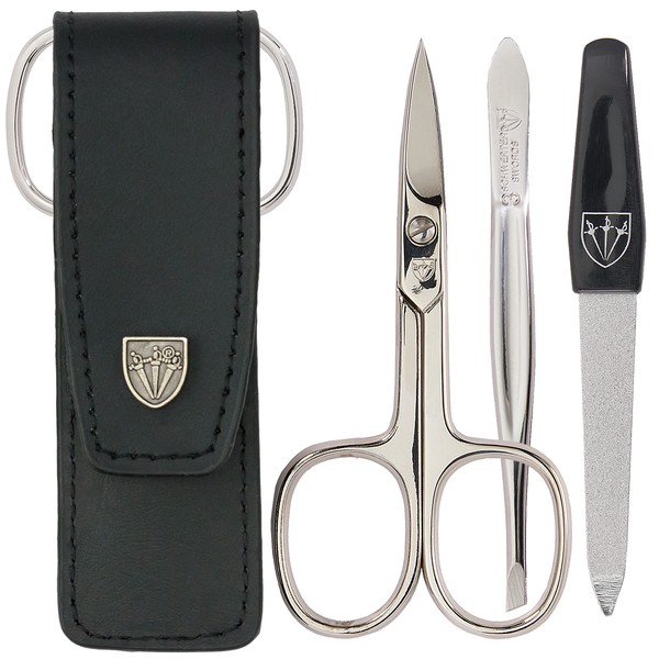 3 Swords Germany - brand quality 3 piece manicure pedicure grooming kit set for professional finger & toe nail care scissors file genuine leather case in gift box, Made by 3 Swords (004185)