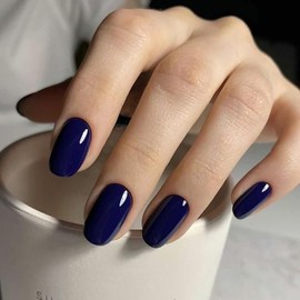 Dark Blue Press on Nails Short Almond Oval Glossy Fake Nails 24Pcs, Solid Color Nails press ons 12 Sizes, Reusable Nail Kit, Stick on Nails for Women and Girls Daily Wear