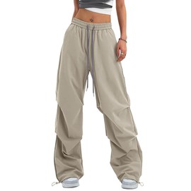 Bakyarder Women's Casual Parachute Pants Long Baggy Hiking Lightweight Drawstring Elastic Waist Wide Leg Track Trousers Y2K Streetwear Reflective Strips Pants Apricot Medium