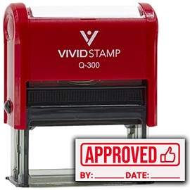 Approved with by Date Line (Thumbs Up) Self-Inking Office Rubber Stamp (Red Ink) - Q-300