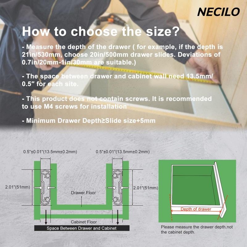 NECILO Heavy Duty Drawer Slides Without Lock, 150lb Capacity Full