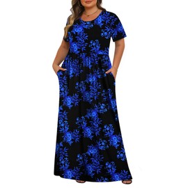 Womens Plus Size Maxi Dresses Summer 2026 Casual Short Sleeve with Pockets Long Dress Black Blue Leaves 2X