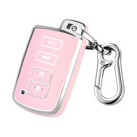 QBUC for Toyota Key Fob Cover, Smart Key Shell Case for Toyota Sequoia Highlander XLE Camry , Corolla XSE RAV4 Tundra Tacoma, Soft TPU Protection Case for Toyota with Keychain (Silver-Pink)