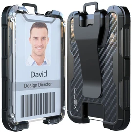 LIUGX Carbon Fiber Badge Holder, ID Card Holder with Metal Clip - Heavy Duty Portable Wallet (Holds 1 to 4 Cards),for Office Police Worker Outdoor,Black