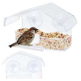 2Pcs Acrylic Window Bird Feeders with Drainage Holes, House Shape, Clear Strong Absorption Suction Cup Bird Feeders, Easy to Clean for Cardinals, Finches, Small Birds